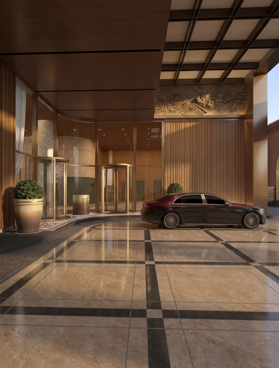 Worli House double-height entrance lobby and sheltered drop-off zone