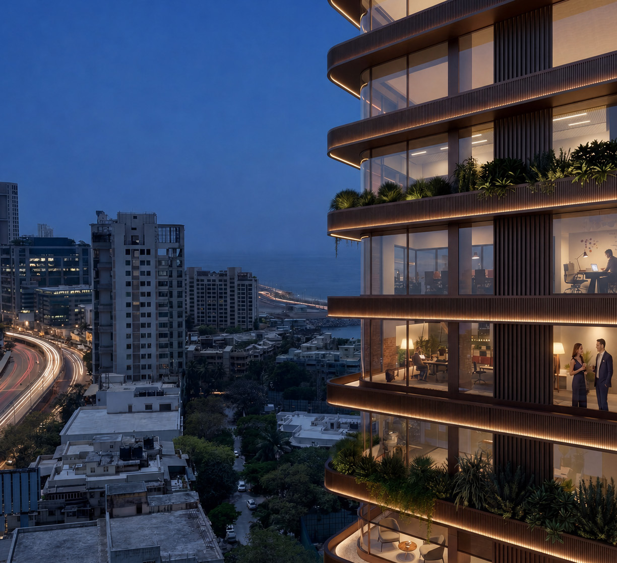 Panoramic office views of Mumbai city, sea and racecourse from Worli House