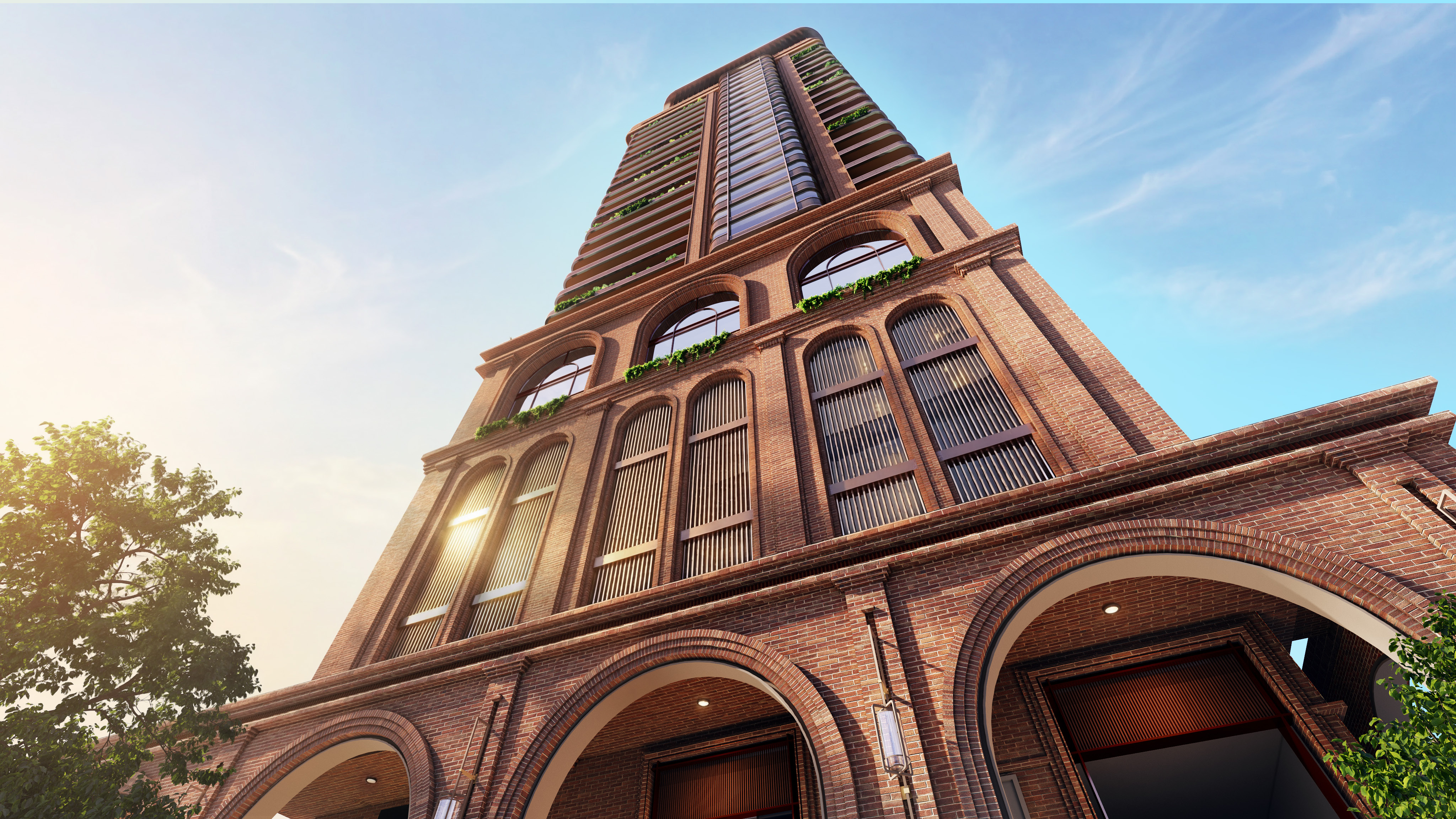 Worli House exterior rendering — brick and bronze commercial tower in Worli, Mumbai
